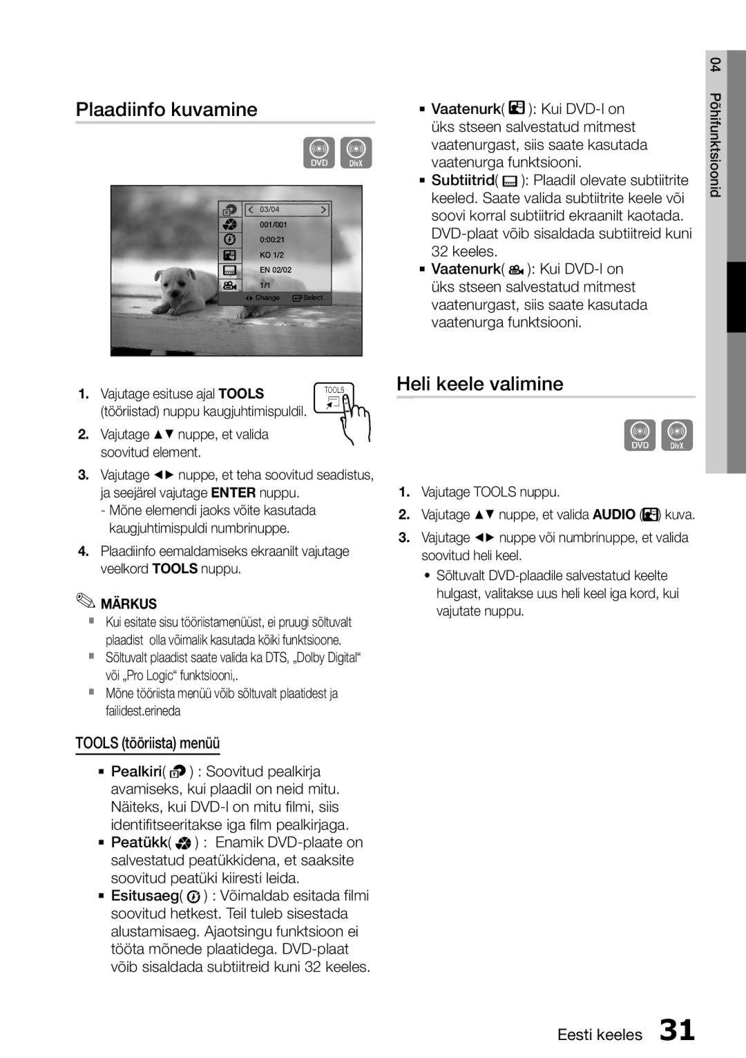 Samsung HT-D455/EN manual Plaadiinfo kuvamine, Heli keele valimine, Tools tööriista menüü 