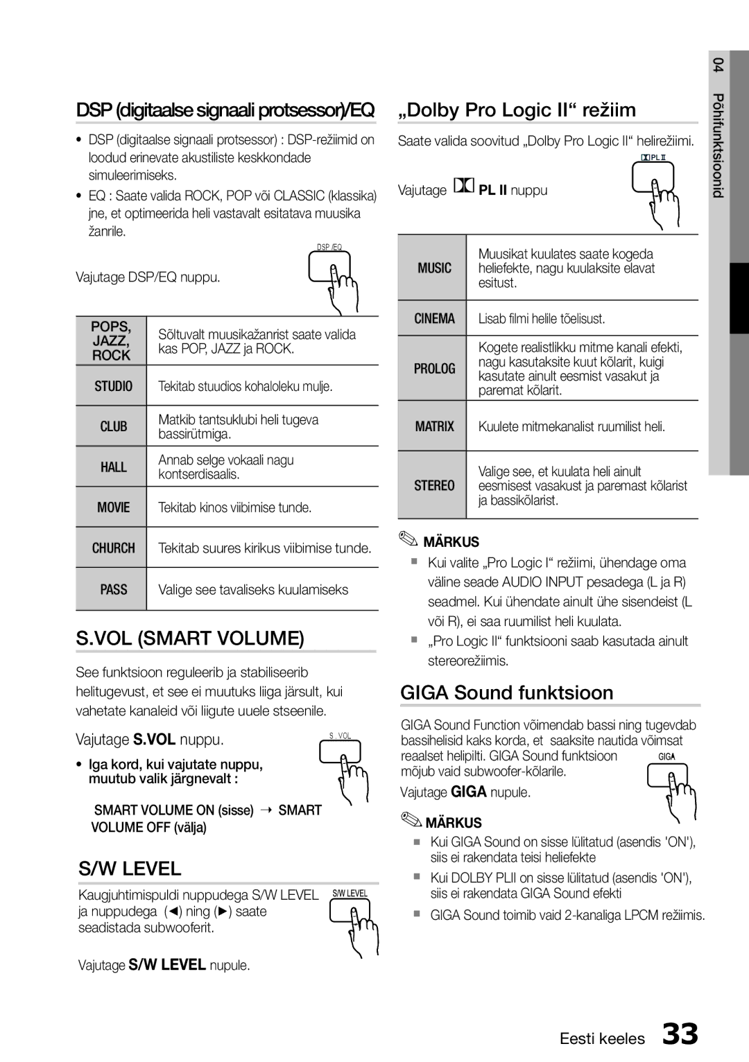 Samsung HT-D455/EN manual „Dolby Pro Logic II režiim, Giga Sound funktsioon, DSP digitaalse signaali protsessor/EQ, Pops 