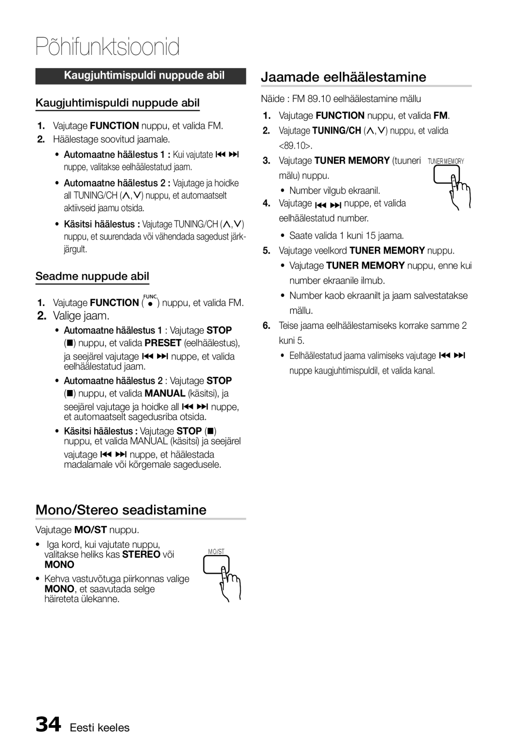 Samsung HT-D455/EN manual Jaamade eelhäälestamine, Mono/Stereo seadistamine, Valige jaam, Kaugjuhtimispuldi nuppude abil 