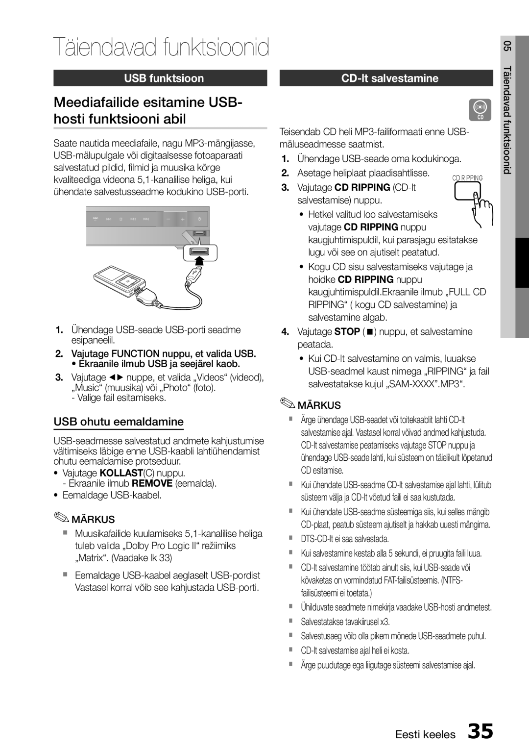 Samsung HT-D455/EN manual Meediafailide esitamine USB- hosti funktsiooni abil, USB funktsioon, USB ohutu eemaldamine 