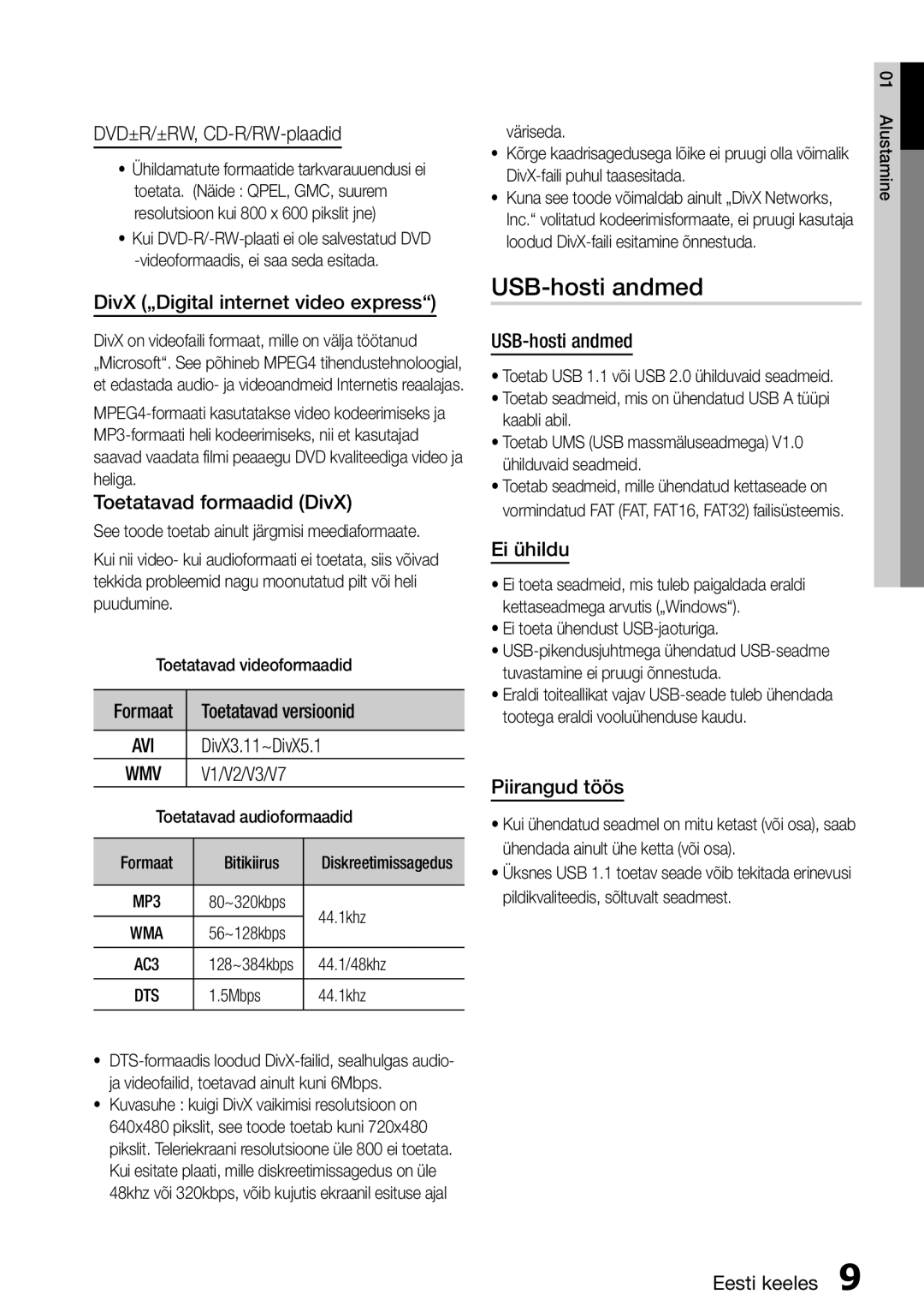 Samsung HT-D455/EN manual USB-hosti andmed 