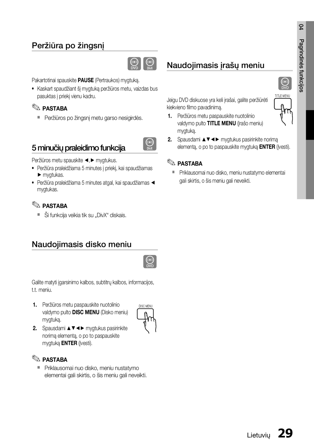 Samsung HT-D455/EN Peržiūra po žingsnį, Minučių praleidimo funkcija, Naudojimasis įrašų meniu, Naudojimasis disko meniu 