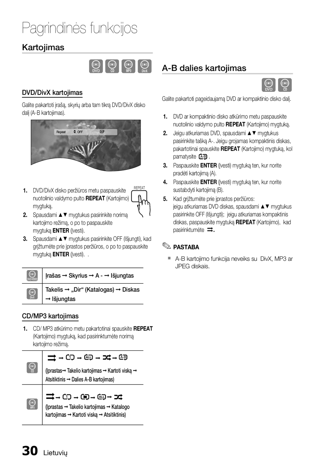 Samsung HT-D455/EN manual Kartojimas, Dalies kartojimas, DVD/DivX kartojimas, CD/MP3 kartojimas 