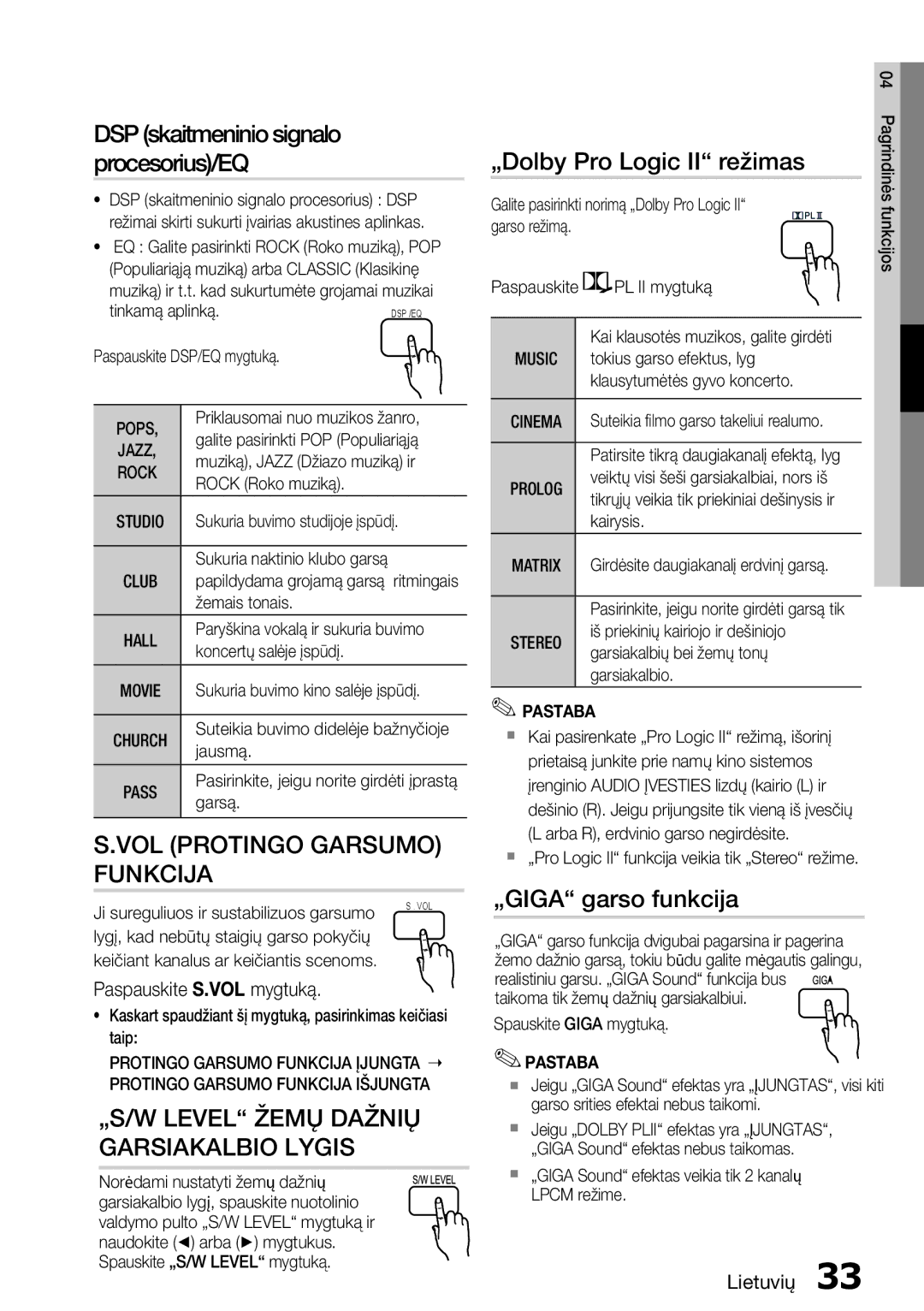 Samsung HT-D455/EN manual „Dolby Pro Logic II režimas, „GIGA garso funkcija, Paspauskite S.VOL mygtuką 