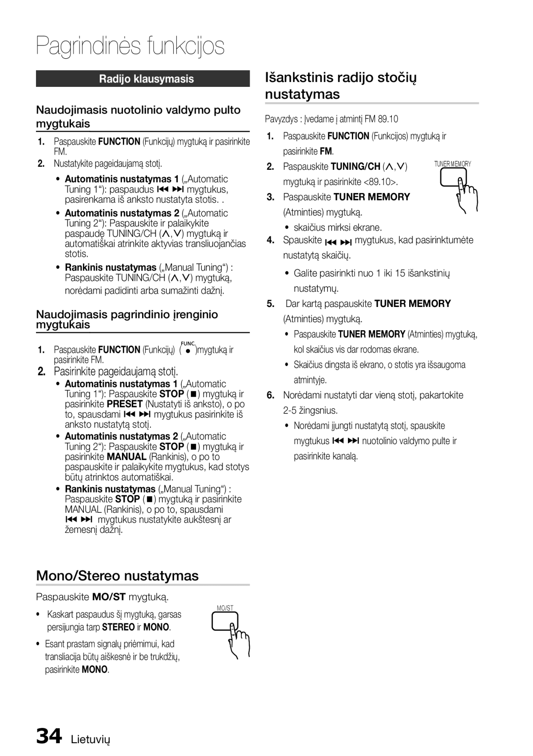 Samsung HT-D455/EN manual Išankstinis radijo stočių nustatymas, Mono/Stereo nustatymas, Pasirinkite pageidaujamą stotį 