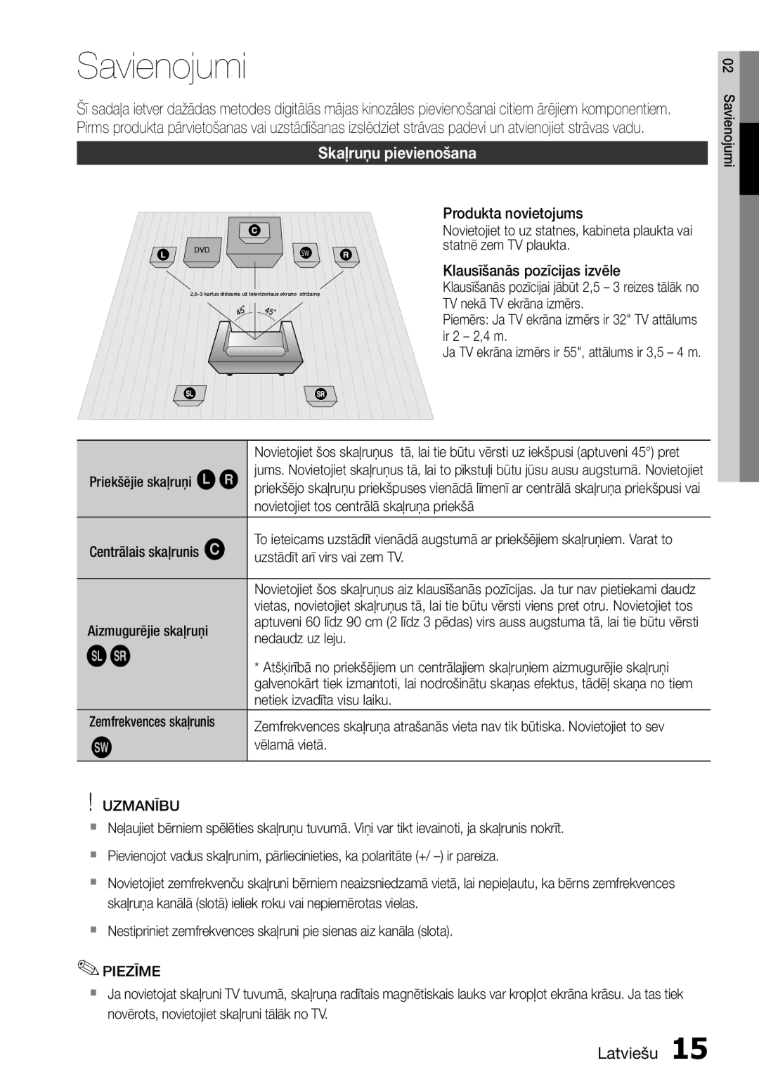 Samsung HT-D455/EN manual Savienojumi, Skaļruņu pievienošana, Uzmanību 