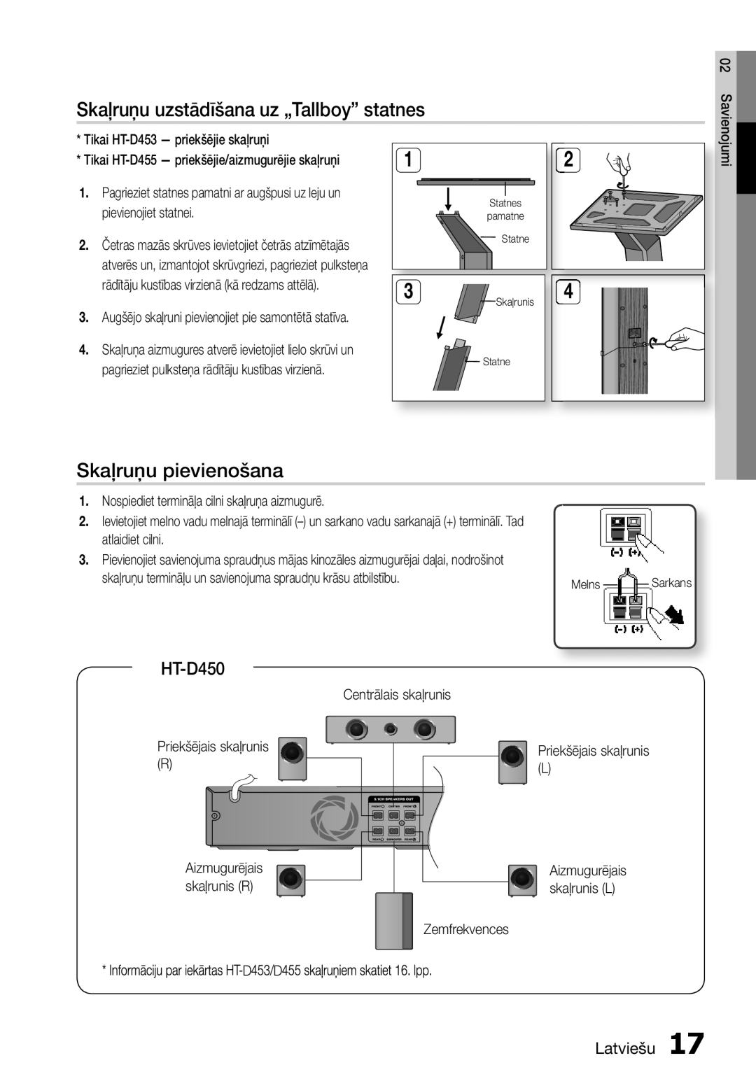 Samsung HT-D455/EN Skaļruņu uzstādīšana uz „Tallboy statnes, Skaļruņu pievienošana, Tikai HT-D453 priekšējie skaļruņi 