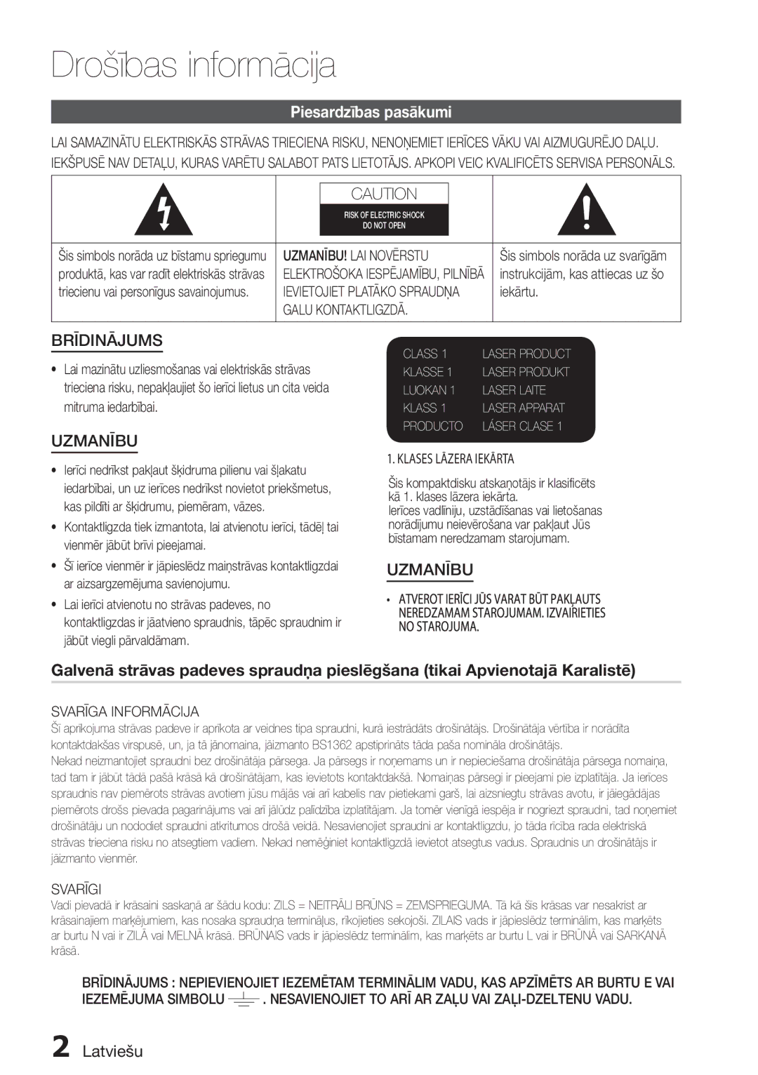 Samsung HT-D455/EN manual Drošības informācija, Piesardzības pasākumi, Latviešu 