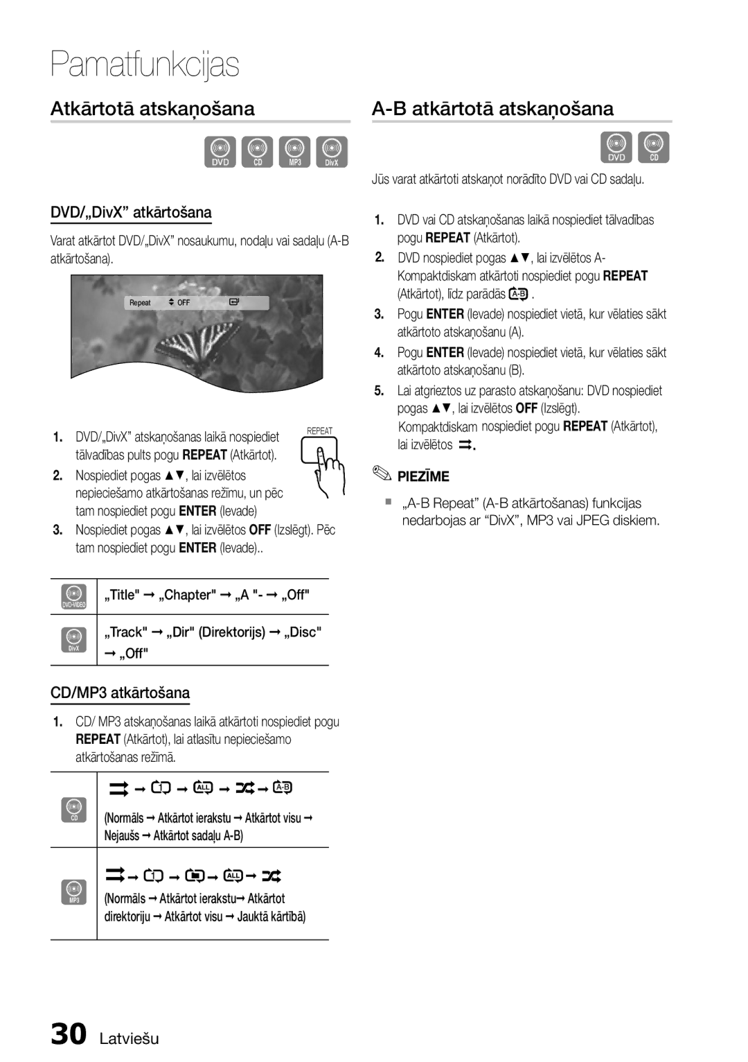 Samsung HT-D455/EN manual Atkārtotā atskaņošana, DVD/„DivX atkārtošana, CD/MP3 atkārtošana 