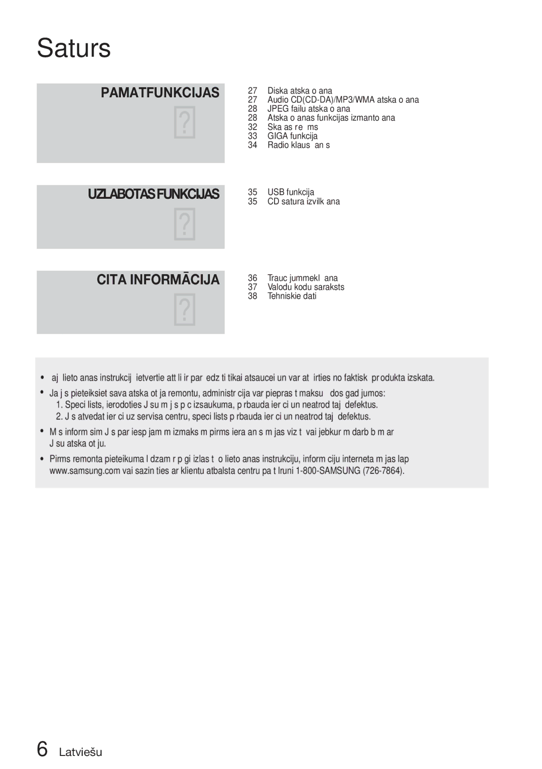 Samsung HT-D455/EN manual Pamatfunkcijas Uzlabotasfunkcijas, Traucējummeklēšana Valodu kodu saraksts Tehniskie dati 