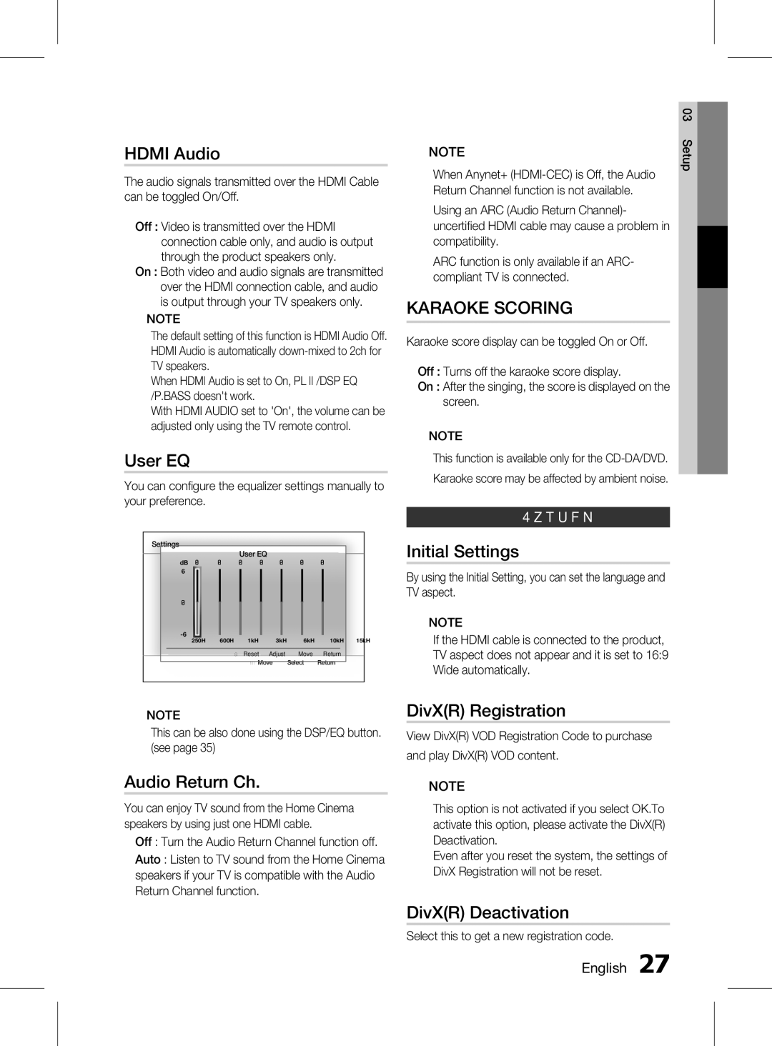 Samsung HT-D453HK/SQ manual Hdmi Audio, User EQ, Audio Return Ch, Initial Settings, DivXR Registration, DivXR Deactivation 