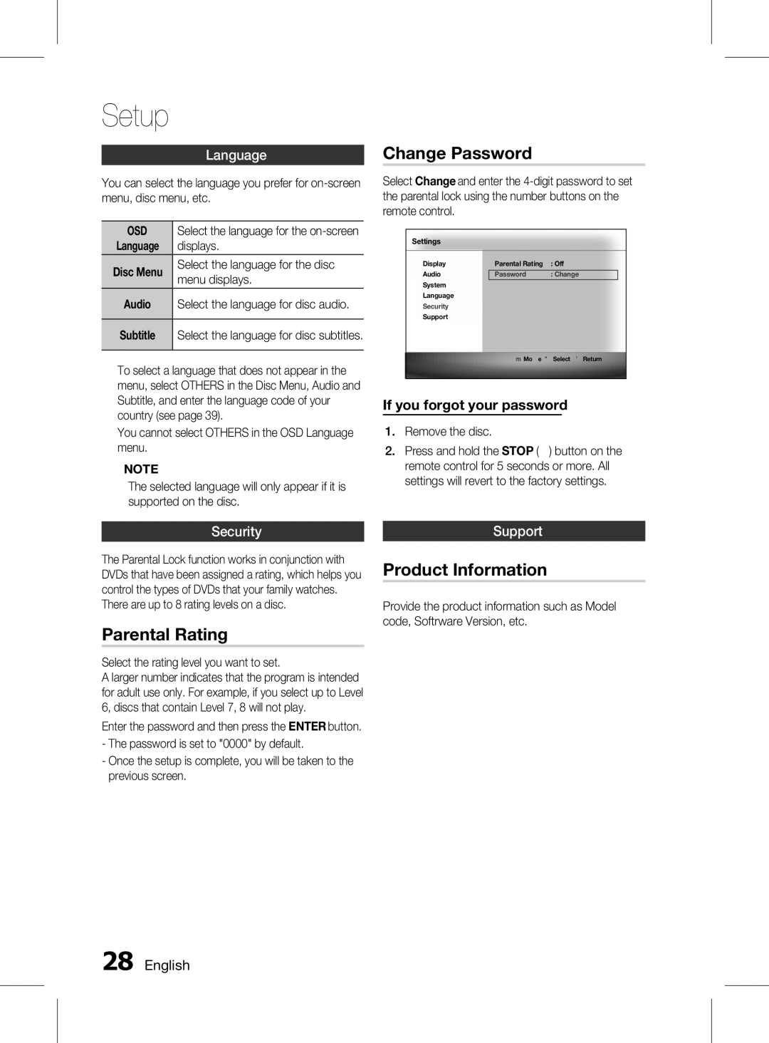 Samsung HT-D455K/SQ, HT-D453HK/SQ manual Change Password, Parental Rating, Product Information 