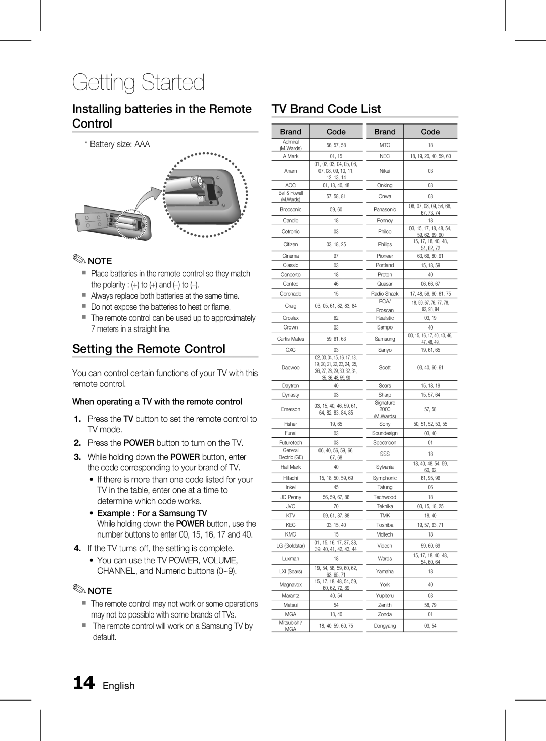 Samsung HT-D455K/UM Setting the Remote Control, Battery size AAA, If the TV turns off, the setting is complete, Brand Code 