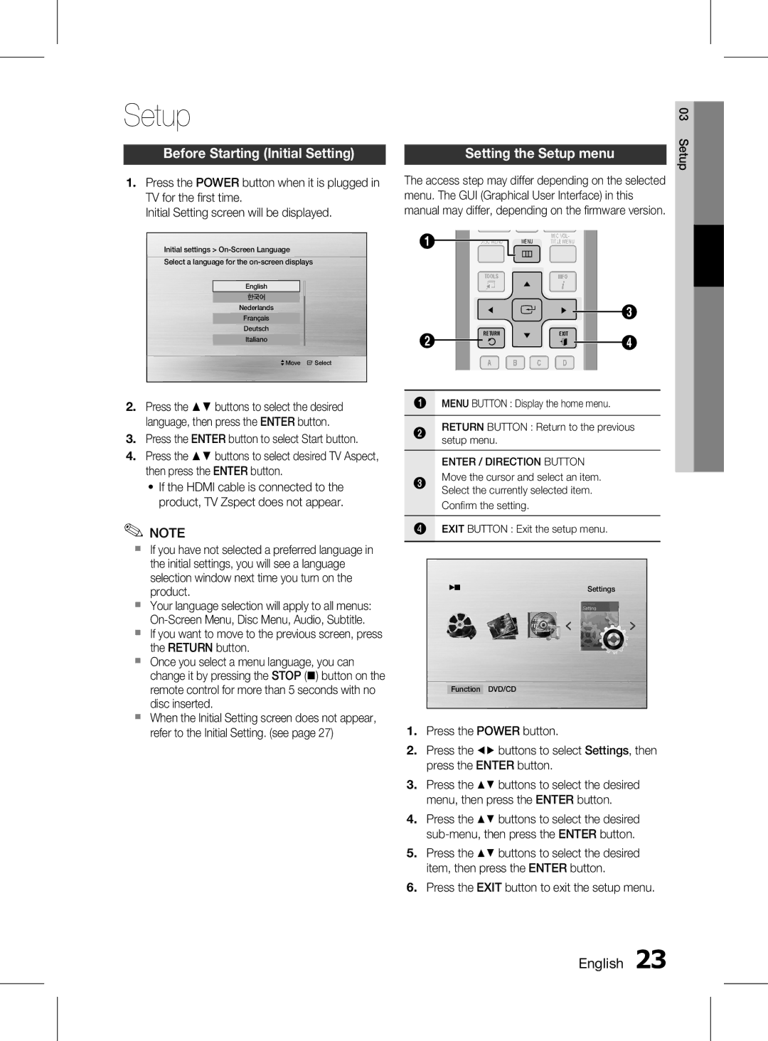 Samsung HT-D455K/HC, HT-D455K/ZN, HT-D453HK/ZN manual Before Starting Initial Setting, Setting the Setup menu, English  