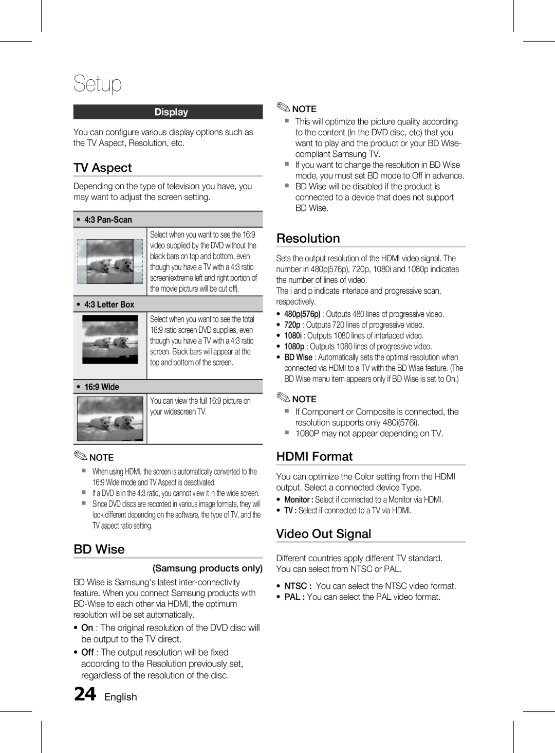 Samsung HT-D455K/UM, HT-D455K/ZN, HT-D453HK/ZN, HT-D453HK/SH TV Aspect, BD Wise, Resolution, Hdmi Format, Video Out Signal 