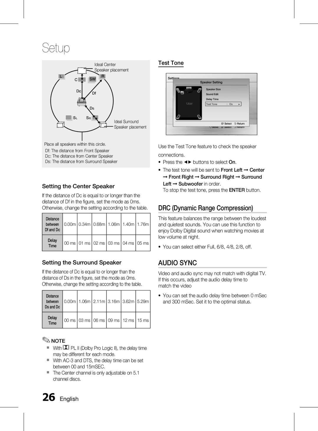 Samsung HT-D455K/SH DRC Dynamic Range Compression, Setting the Center Speaker, Test Tone, Setting the Surround Speaker 