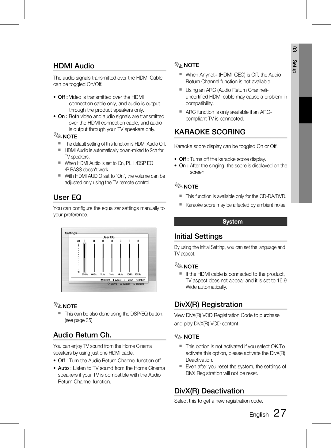 Samsung HT-D453HK/UM manual Hdmi Audio, User EQ, Audio Return Ch, Initial Settings, DivXR Registration, DivXR Deactivation 