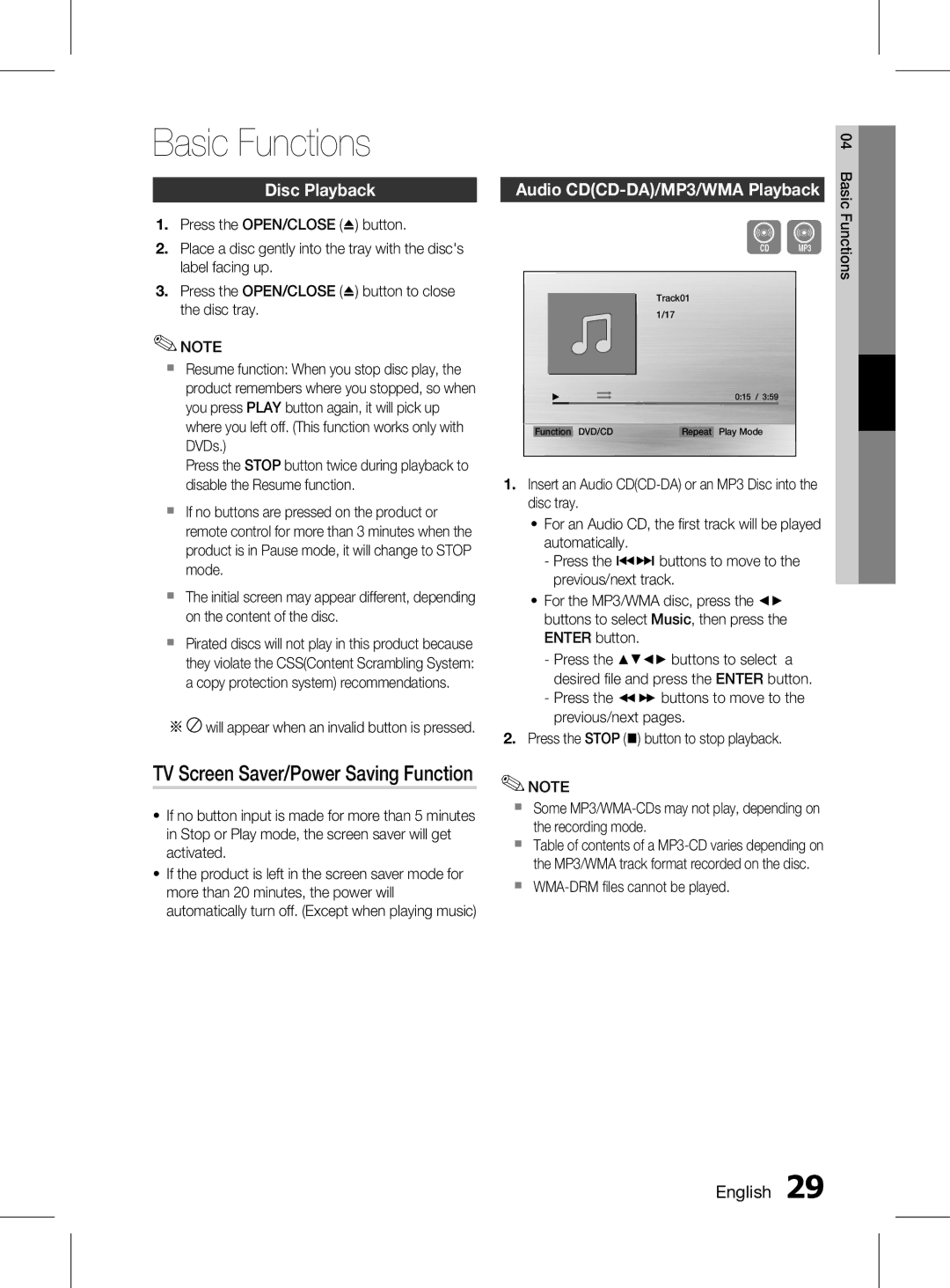 Samsung HT-D453K/ZN manual Basic Functions, Disc Playback, Audio CDCD-DA/MP3/WMA Playback, ` WMA-DRM files cannot be played 