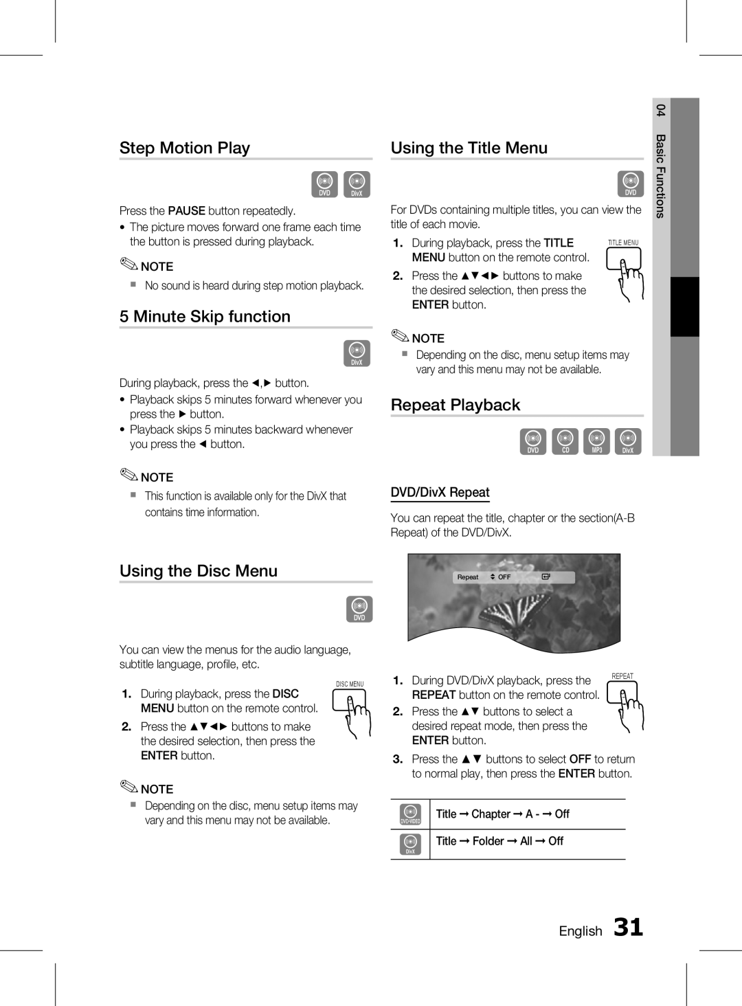 Samsung HT-D453HK/ZN Step Motion Play, Minute Skip function, Using the Disc Menu, Using the Title Menu, Repeat Playback 