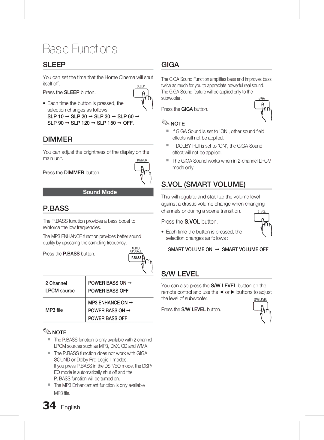 Samsung HT-D455K/UM, HT-D455K/ZN, HT-D453HK/ZN, HT-D453HK/SH manual Vol smart volume, Sound Mode, Press the S.VOL button 