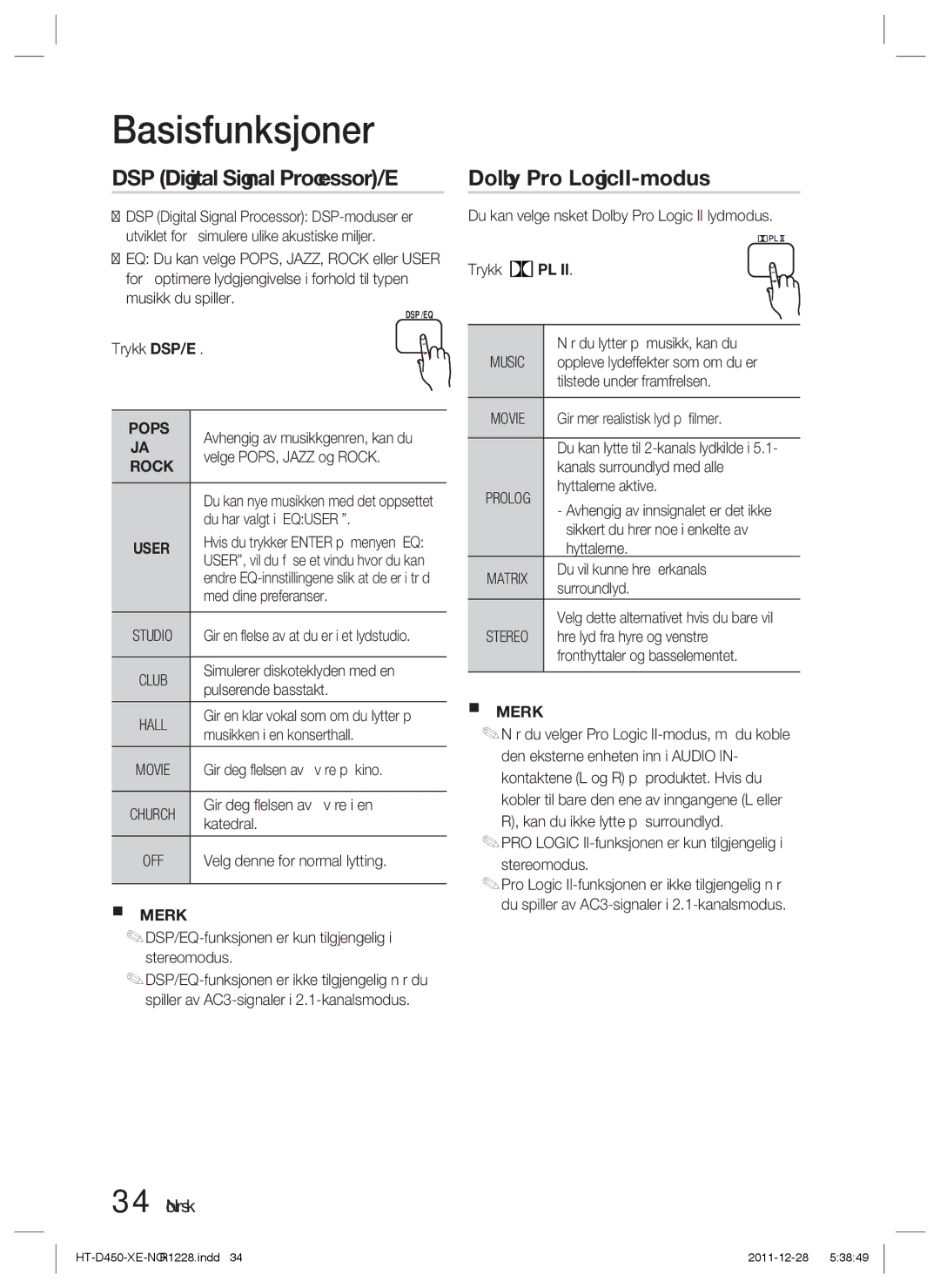 Samsung HT-D455/XE manual Dolby Pro Logic II-modus 