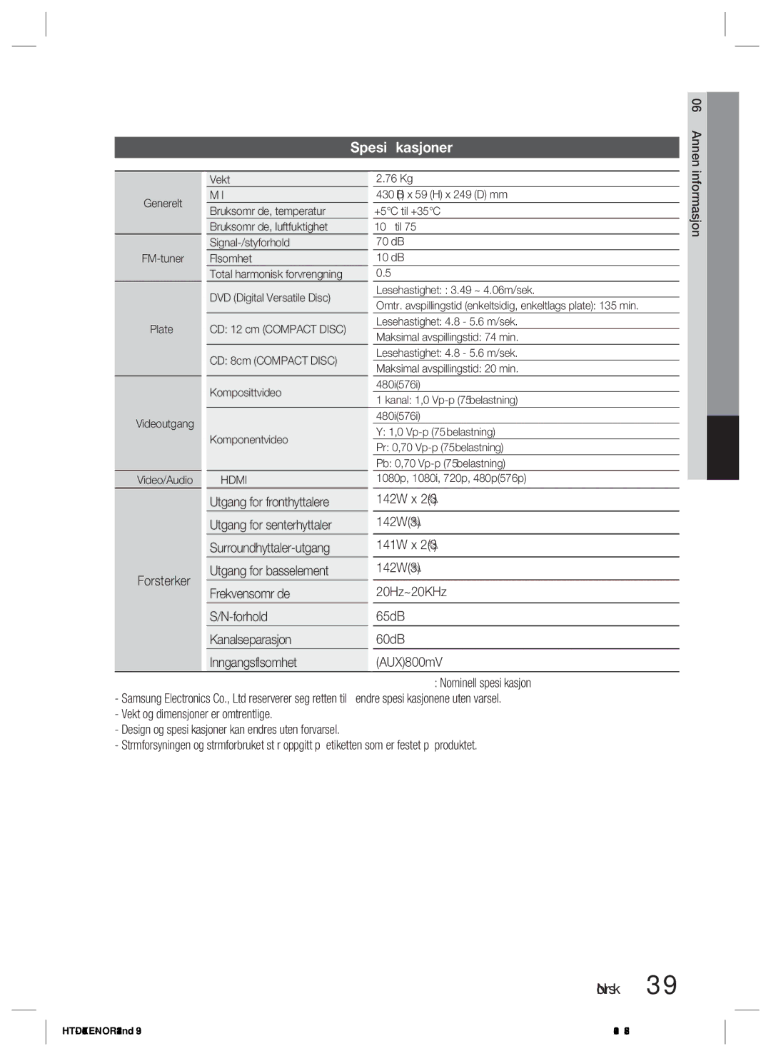 Samsung HT-D455/XE manual Spesiﬁkasjoner, 142W3Ω Frekvensområde, Forhold 65dB Kanalseparasjon 60dB Inngangsfølsomhet 