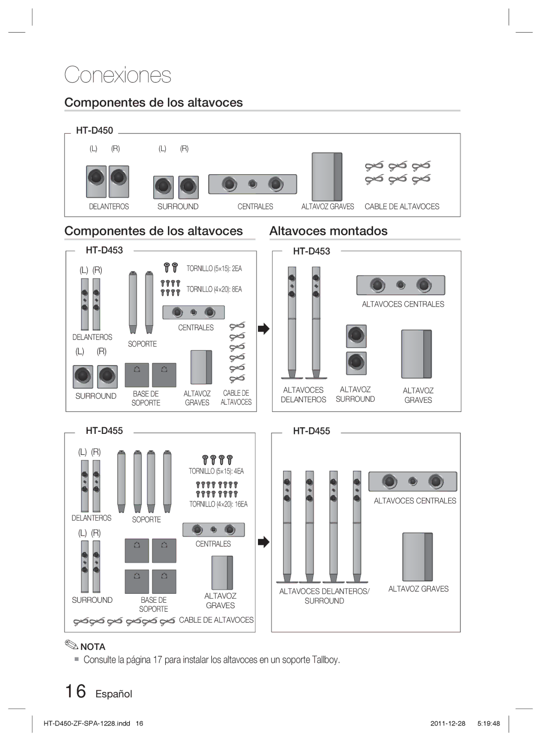 Samsung HT-D455/ZF manual Componentes de los altavoces Altavoces montados 