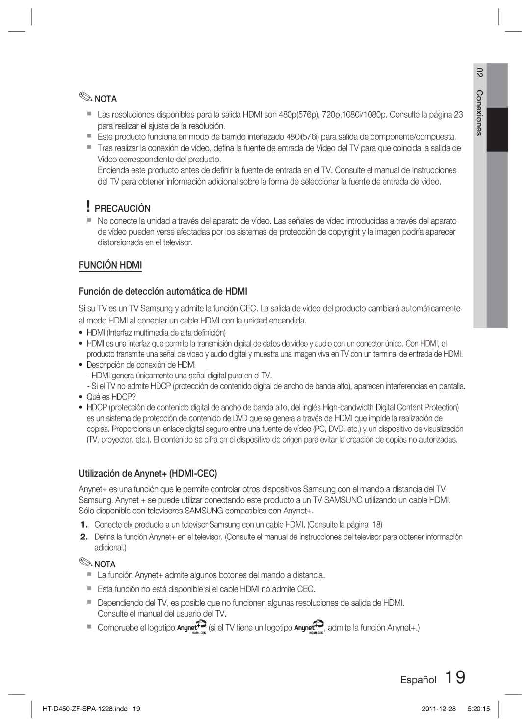 Samsung HT-D455/ZF manual Función de detección automática de Hdmi, Utilización de Anynet+ HDMI-CEC, Qué es HDCP? 