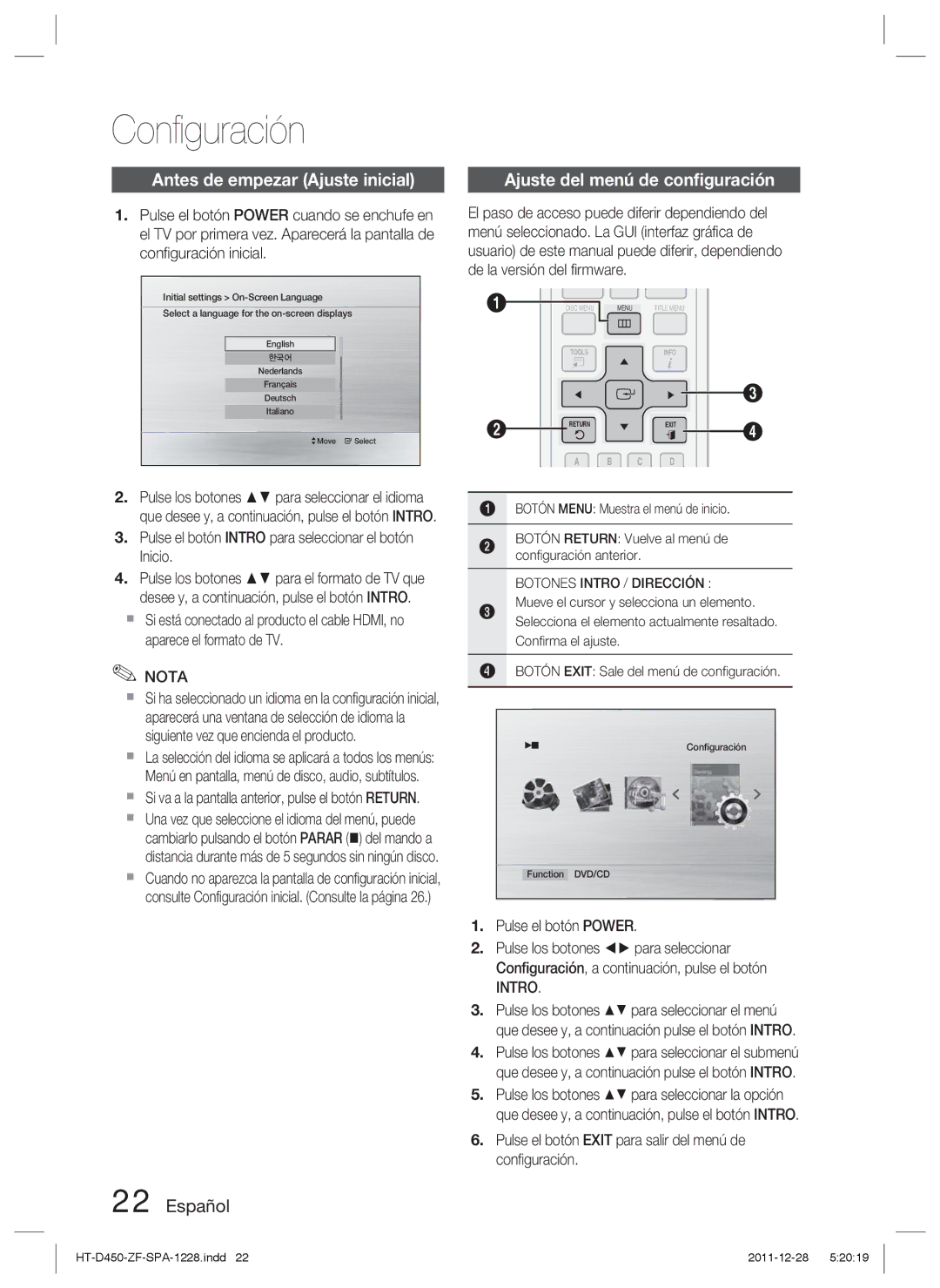 Samsung HT-D455/ZF manual Conﬁguración, Antes de empezar Ajuste inicial, Ajuste del menú de conﬁguración, Intro 