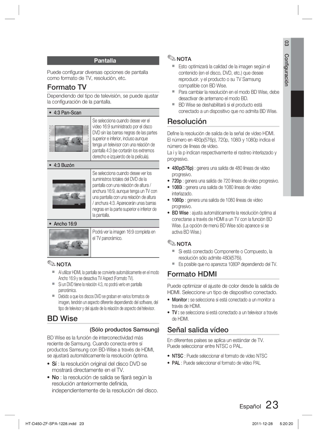 Samsung HT-D455/ZF manual Formato TV, Resolución, Señal salida vídeo, Pantalla 
