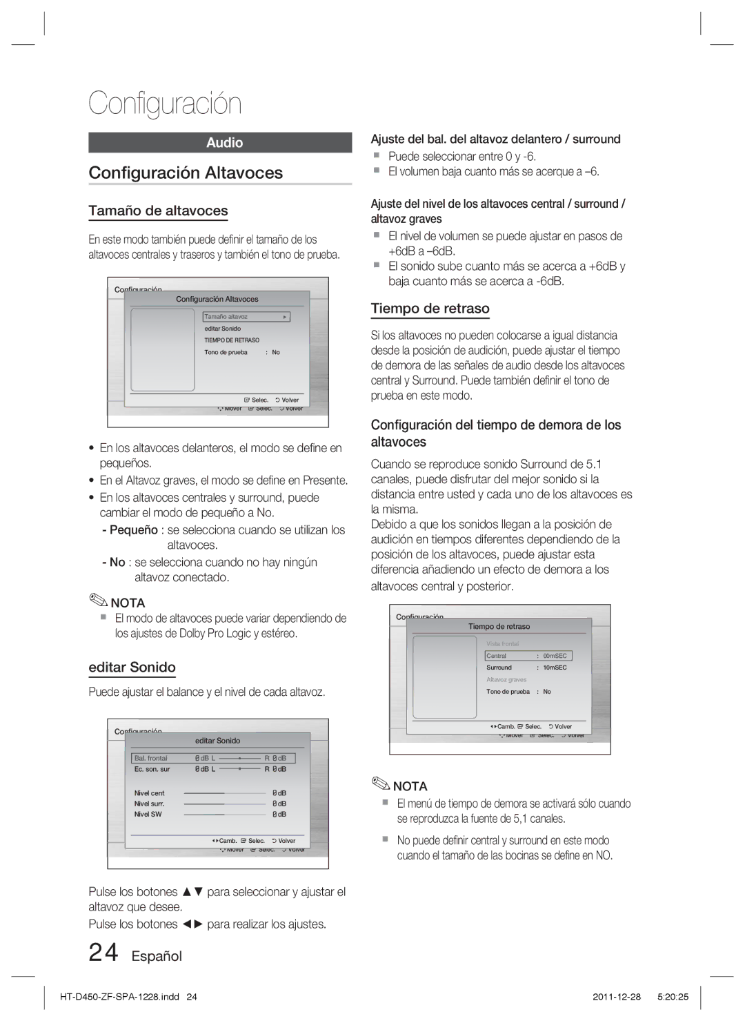 Samsung HT-D455/ZF manual Conﬁguración Altavoces, Tamaño de altavoces, Editar Sonido, Tiempo de retraso 