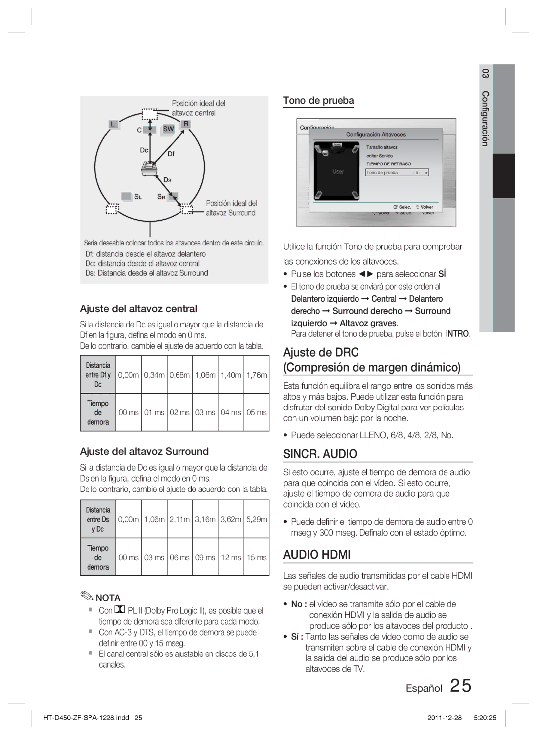 Samsung HT-D455/ZF Ajuste de DRC Compresión de margen dinámico, SINCR. Audio, Ajuste del altavoz central, Tono de prueba 