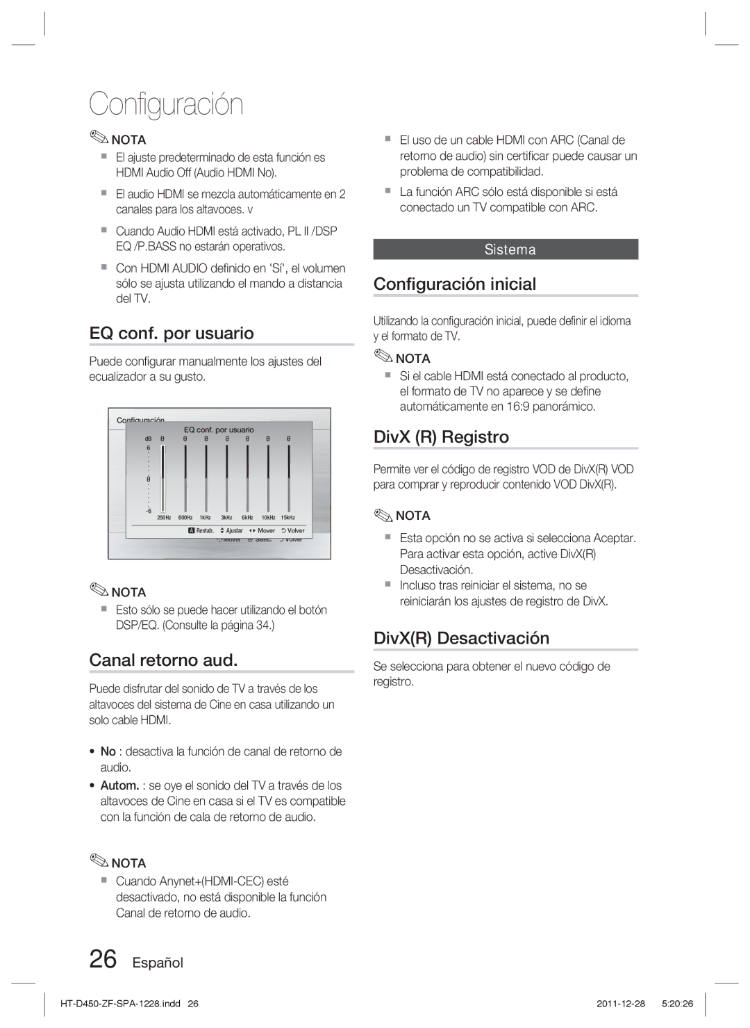 Samsung HT-D455/ZF EQ conf. por usuario, Canal retorno aud, Conﬁguración inicial, DivX R Registro, DivXR Desactivación 