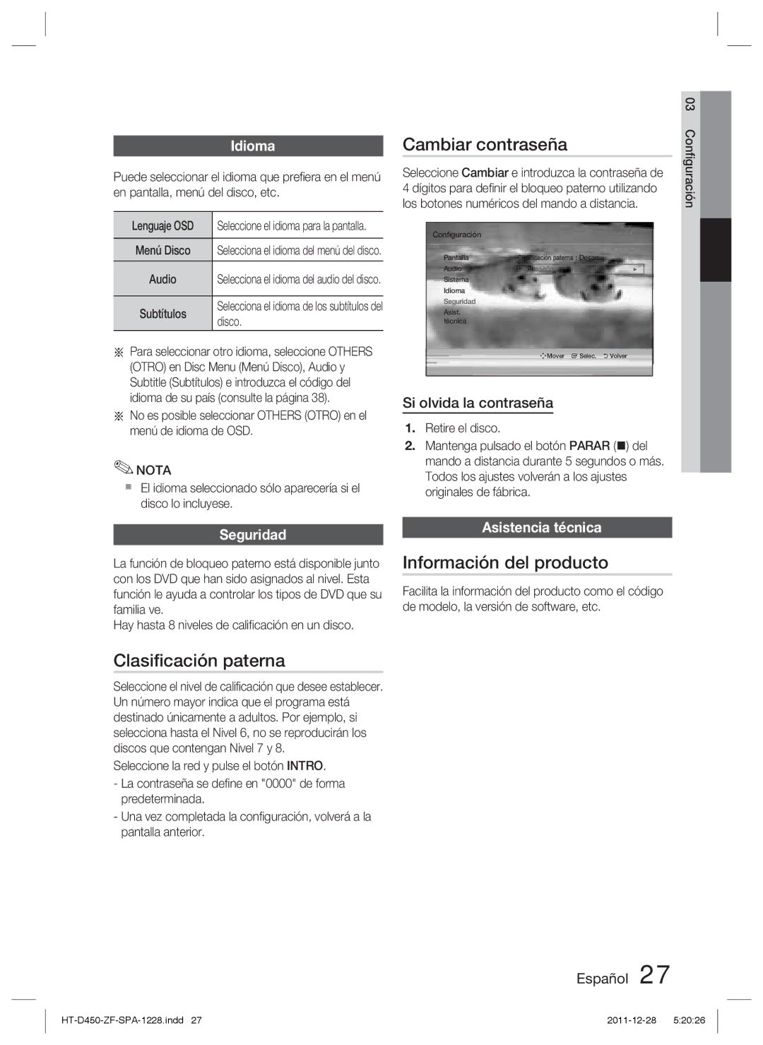 Samsung HT-D455/ZF manual Clasiﬁcación paterna, Información del producto, Idioma, Seguridad, Asistencia técnica 