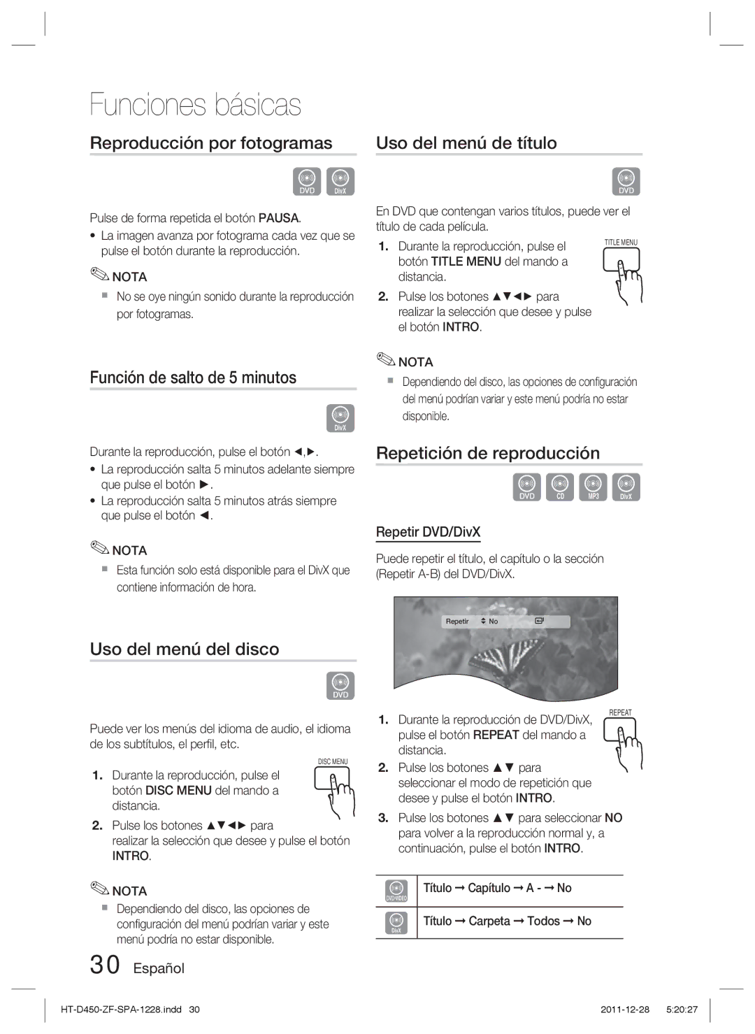 Samsung HT-D455/ZF manual Reproducción por fotogramas, Función de salto de 5 minutos, Uso del menú de título 