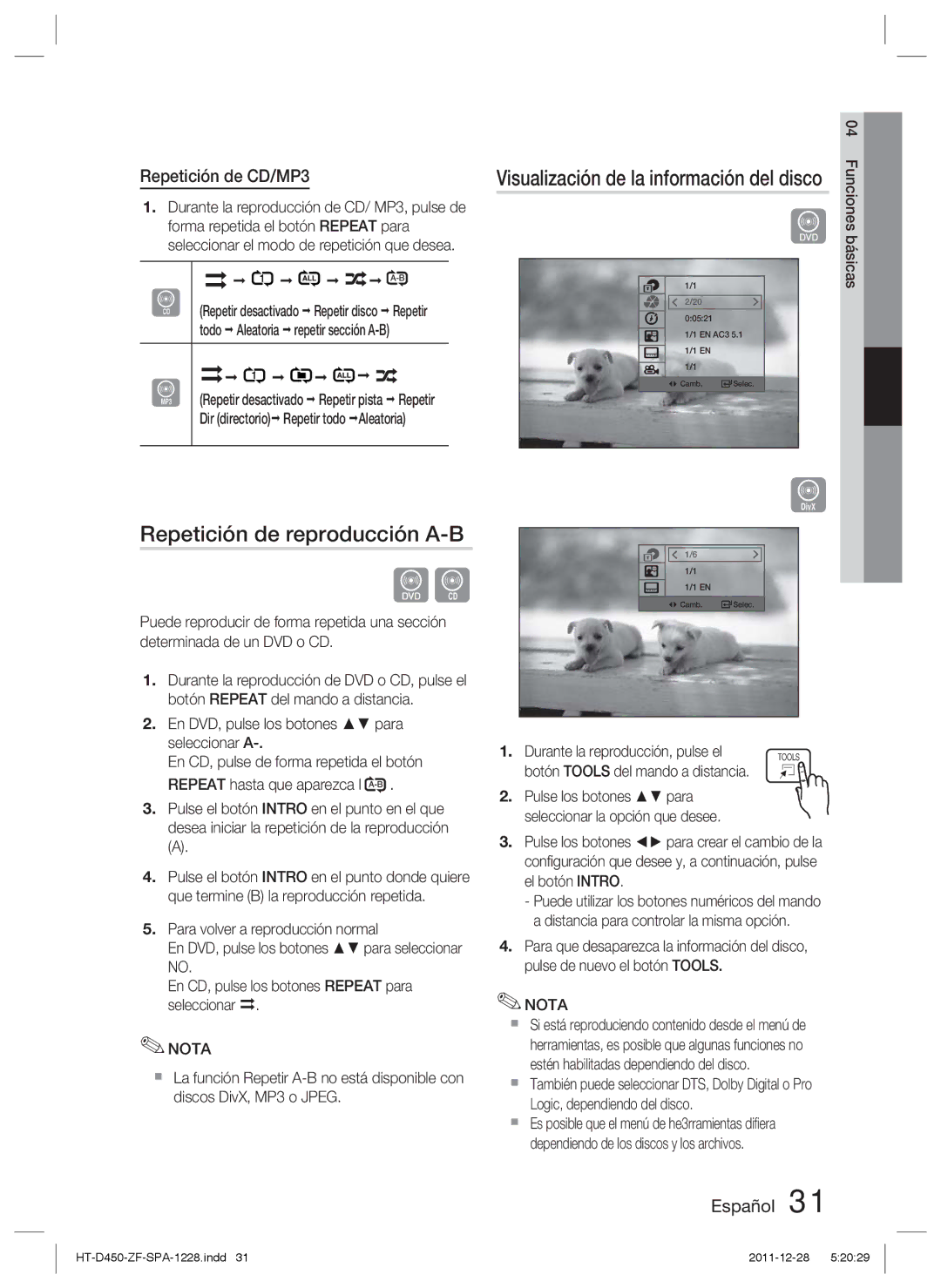 Samsung HT-D455/ZF manual Repetición de reproducción A-B, Visualización de la información del disco, Repetición de CD/MP3 