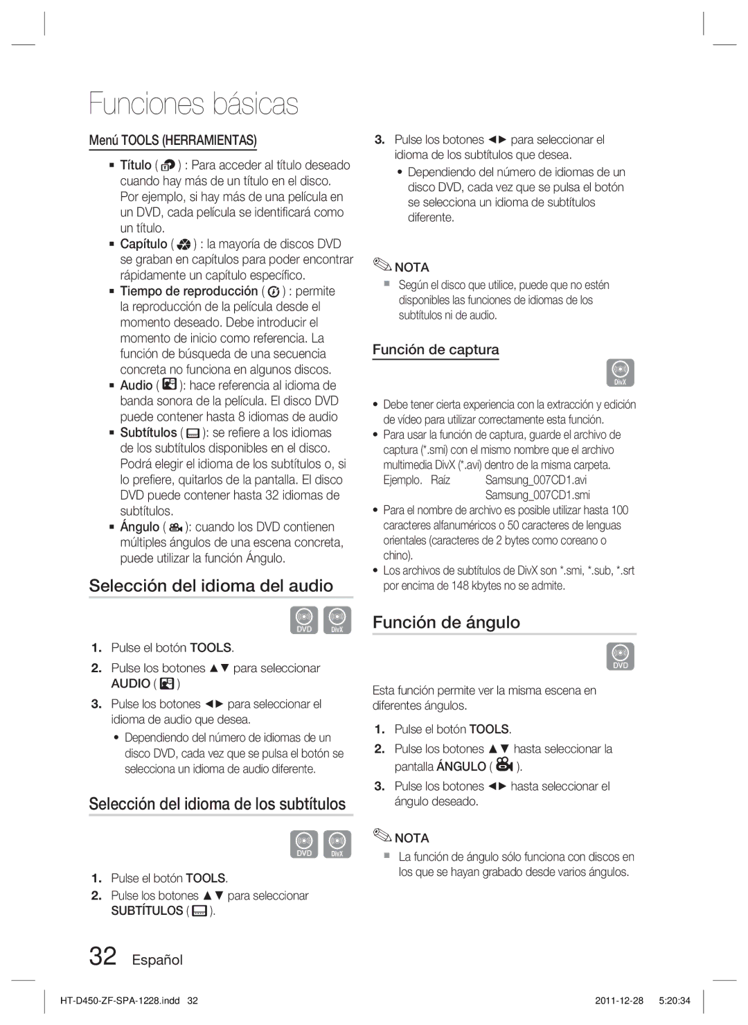 Samsung HT-D455/ZF manual Selección del idioma del audio, Función de ángulo, Menú Tools Herramientas, Función de captura 