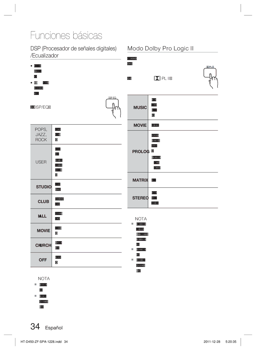 Samsung HT-D455/ZF manual DSP Procesador de señales digitales /Ecualizador, Rock 