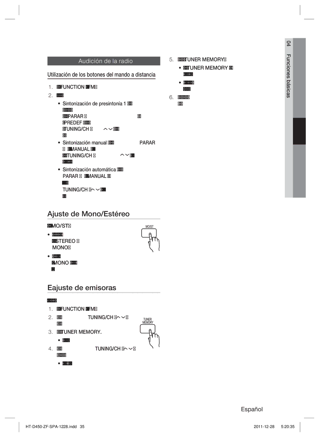 Samsung HT-D455/ZF manual Ajuste de Mono/Estéreo, Eajuste de emisoras, Audición de la radio 