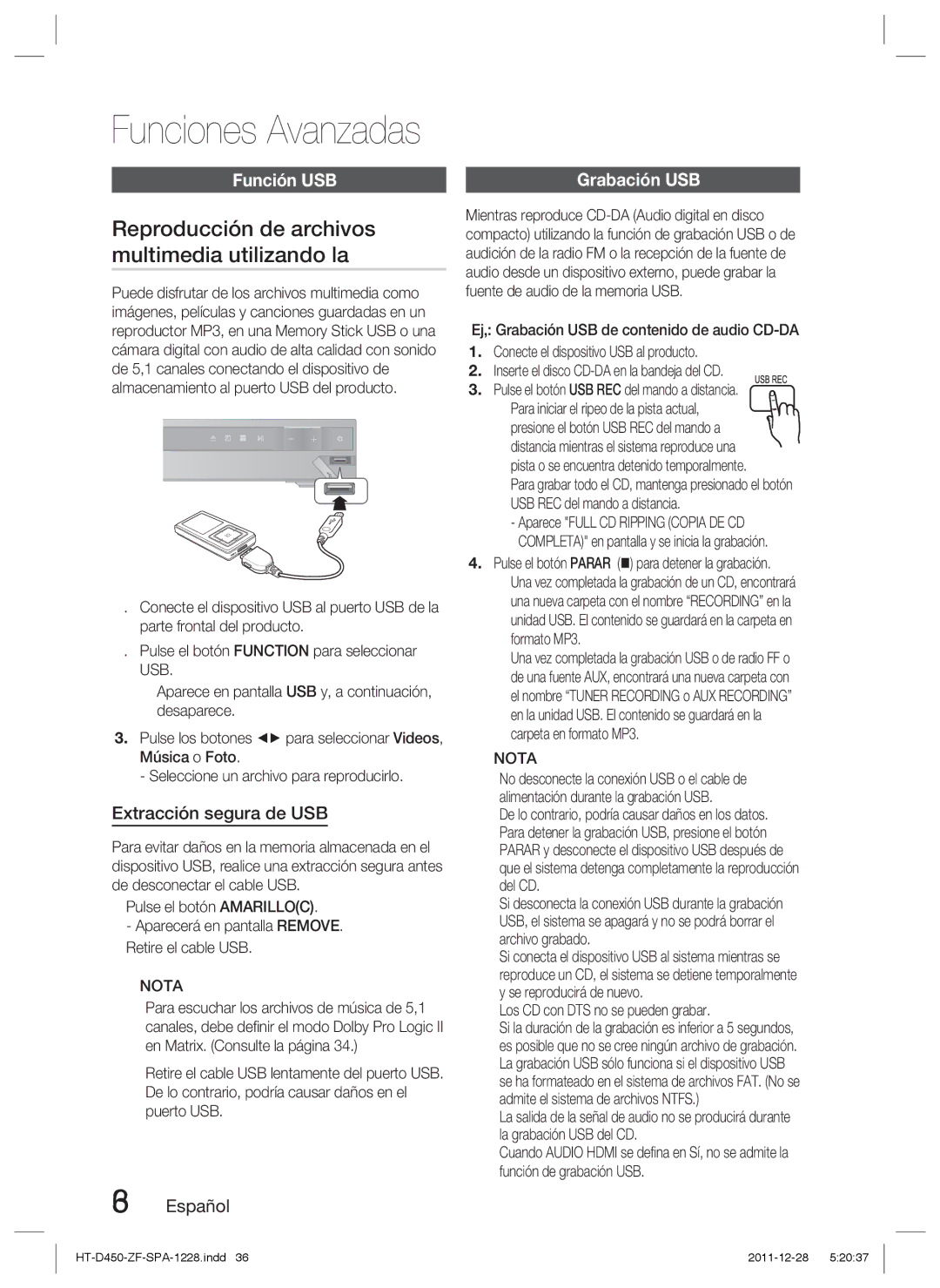 Samsung HT-D455/ZF Reproducción de archivos multimedia utilizando la, Función USB, Extracción segura de USB, Grabación USB 