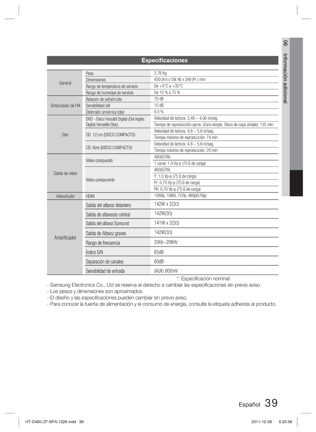 Samsung HT-D455/ZF manual Especiﬁcaciones 