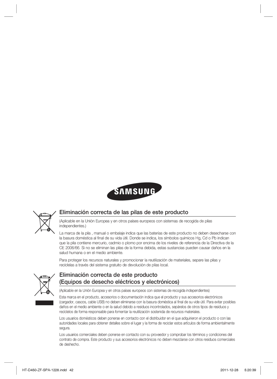 Samsung HT-D455/ZF manual Eliminación correcta de las pilas de este producto 