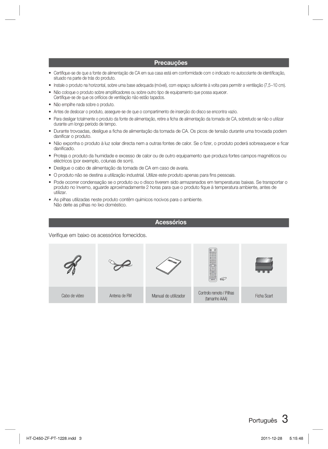 Samsung HT-D455/ZF manual Precauções, Acessórios, Veriﬁque em baixo os acessórios fornecidos 