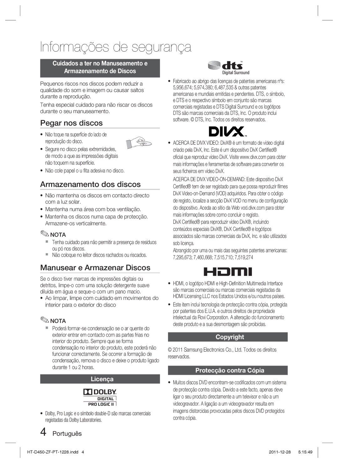 Samsung HT-D455/ZF manual Pegar nos discos, Armazenamento dos discos, Manusear e Armazenar Discos 