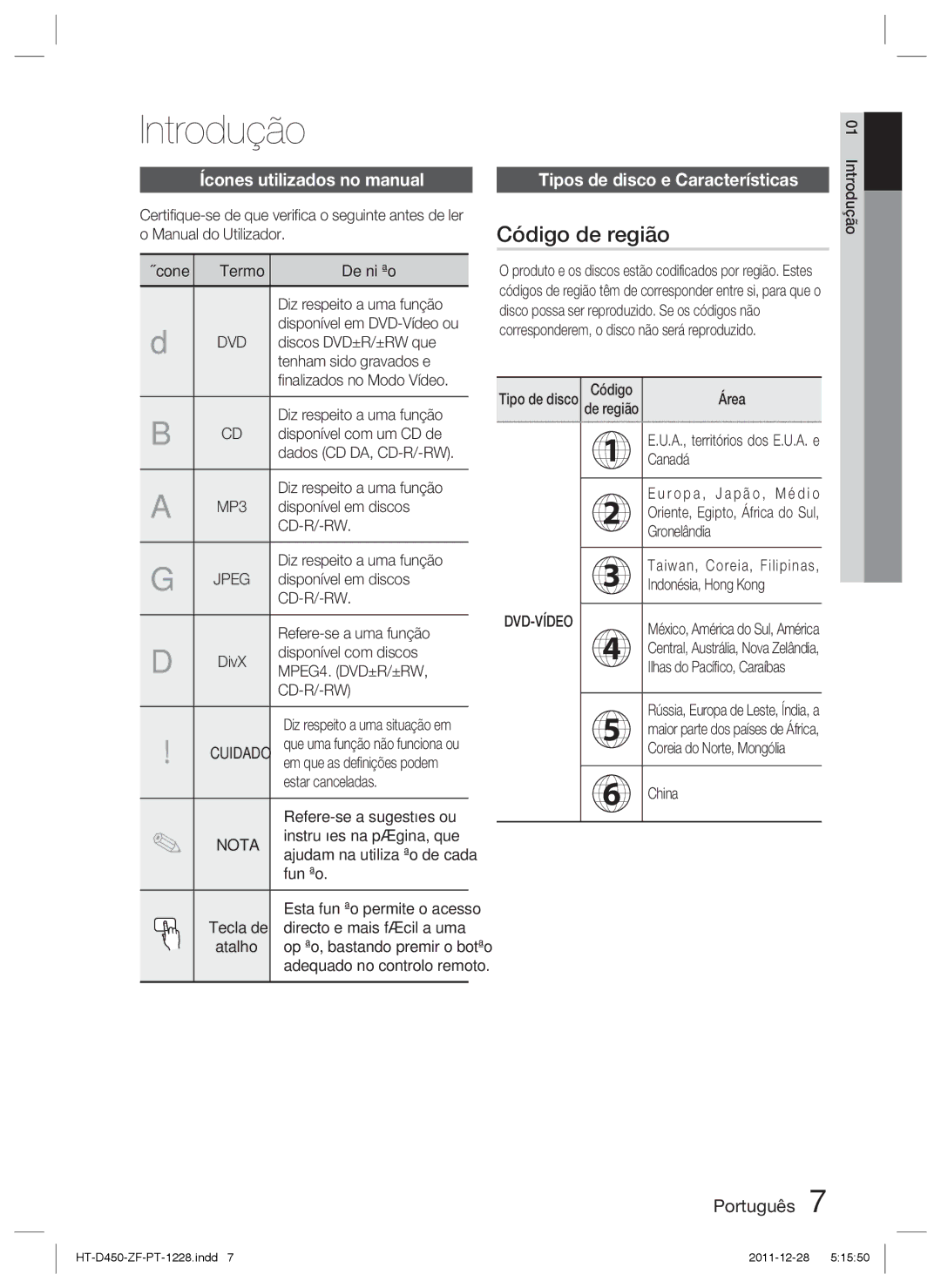 Samsung HT-D455/ZF Introdução, Código de região, Ícones utilizados no manual, Tipos de disco e Características 
