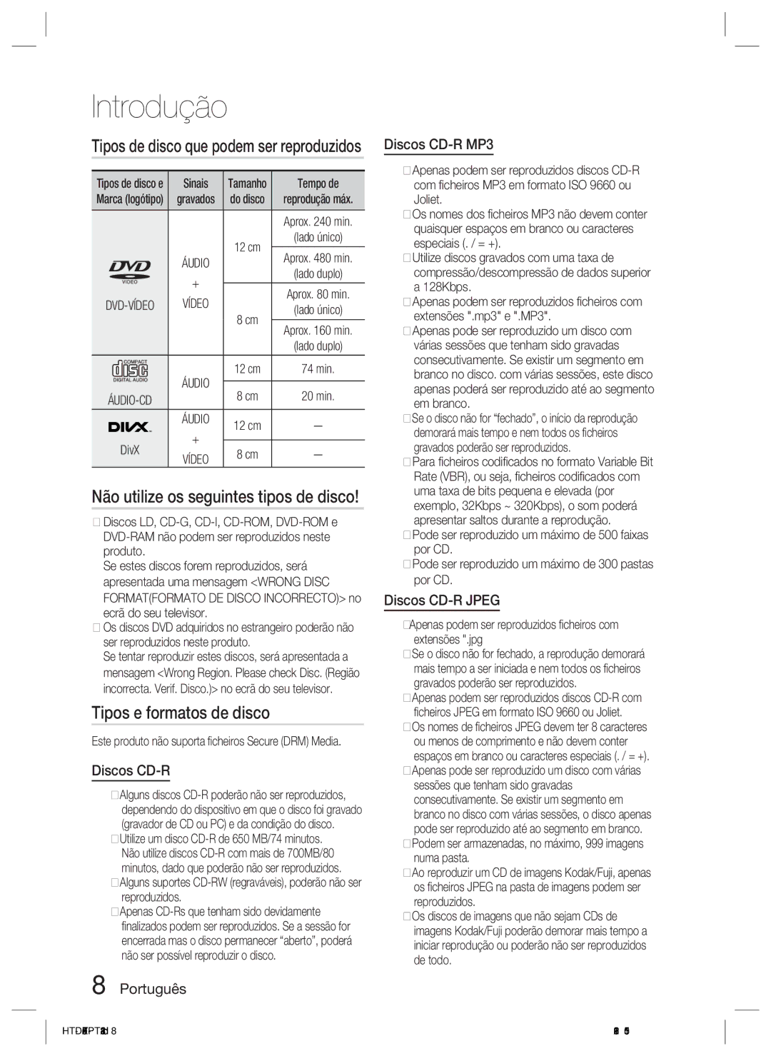 Samsung HT-D455/ZF manual Tipos e formatos de disco, Não utilize os seguintes tipos de disco, Português Discos CD-R MP3 