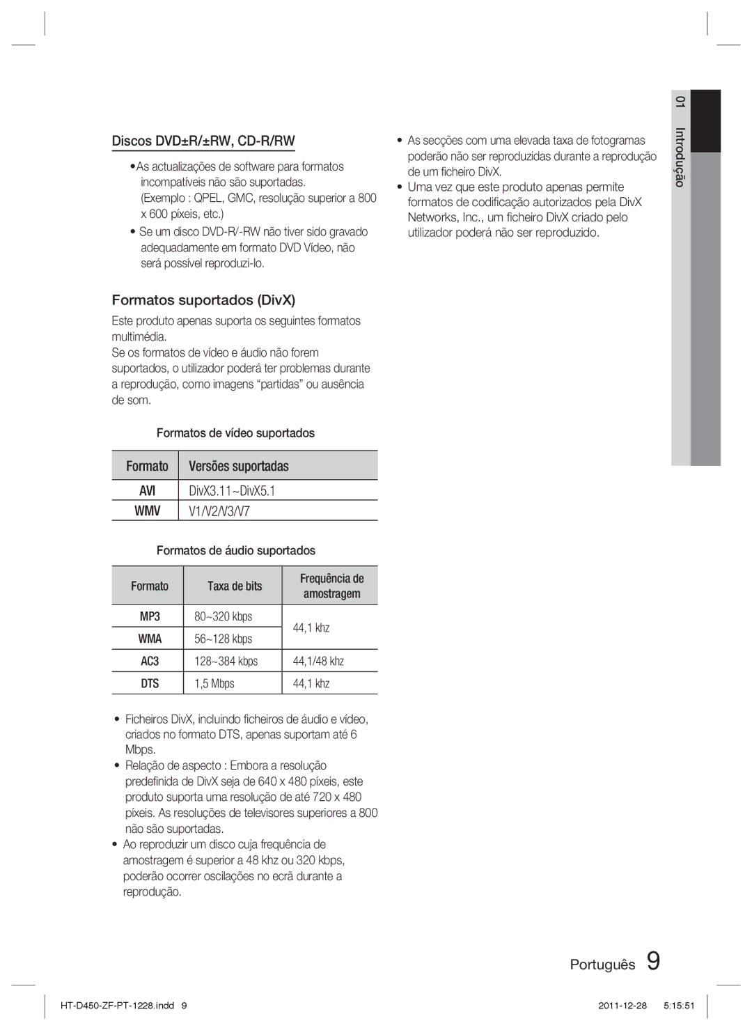 Samsung HT-D455/ZF manual Formatos suportados DivX, Formatos de áudio suportados, Taxa de bits, Versões suportadas 