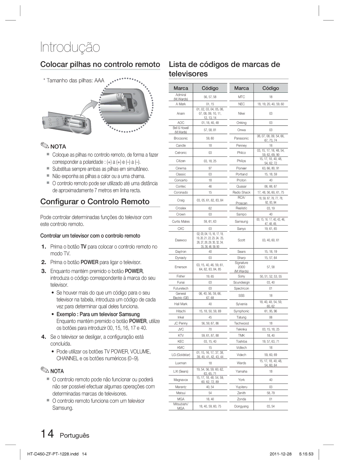 Samsung HT-D455/ZF manual Colocar pilhas no controlo remoto, Lista de códigos de marcas de televisores 