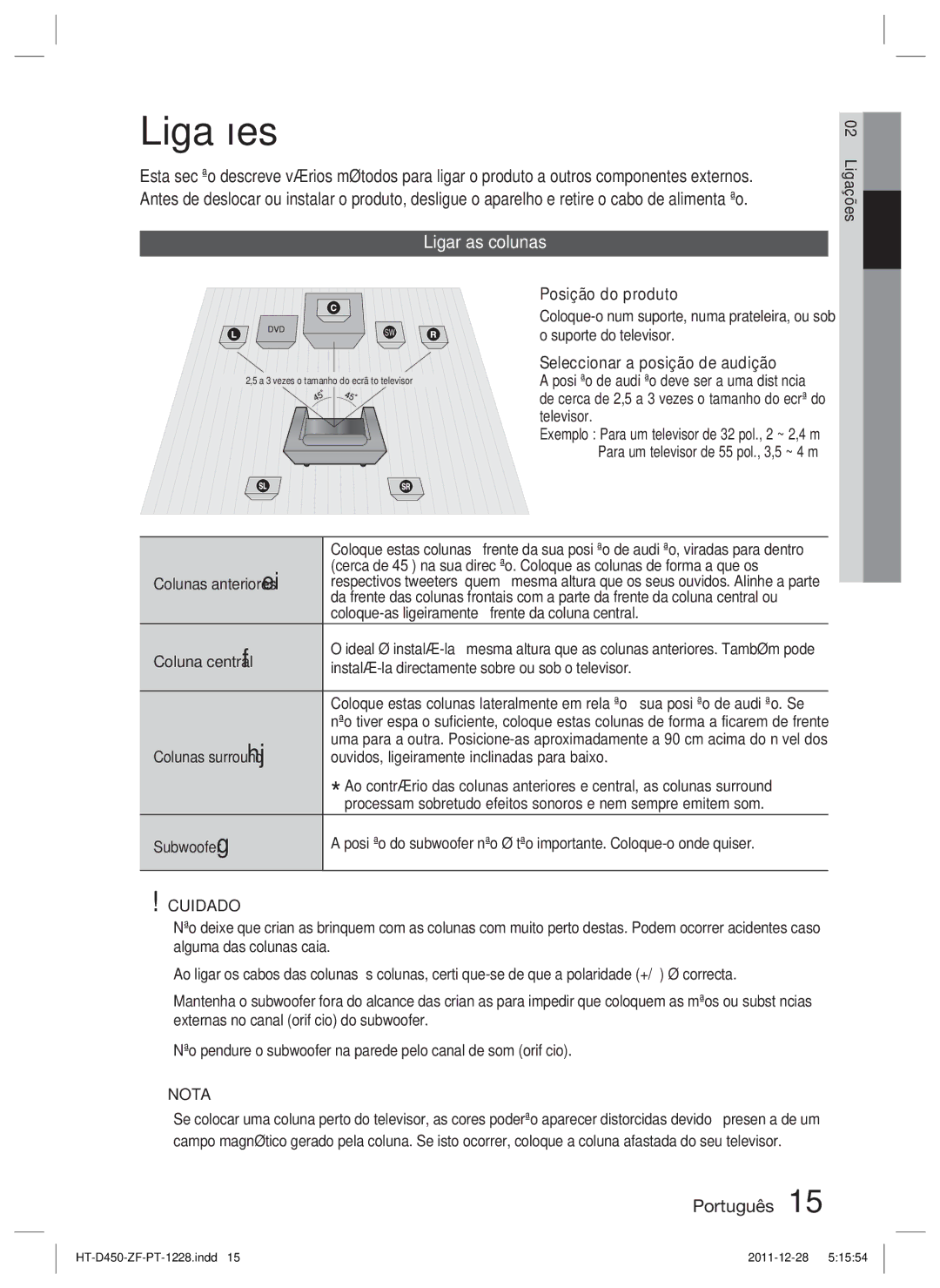 Samsung HT-D455/ZF manual Ligações, Ligar as colunas, Cuidado 