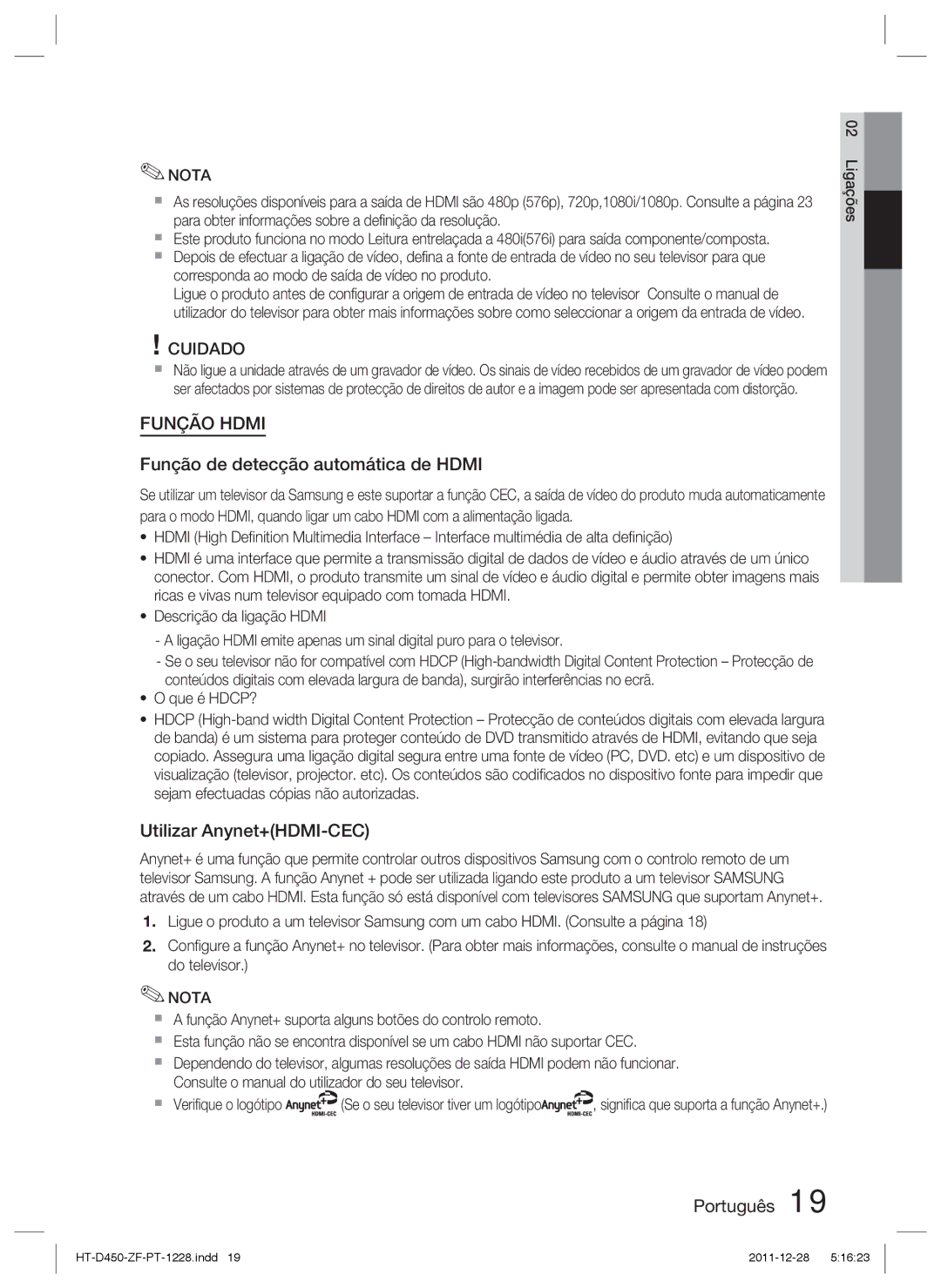 Samsung HT-D455/ZF manual Função de detecção automática de Hdmi, Utilizar Anynet+HDMI-CEC, Que é HDCP? 